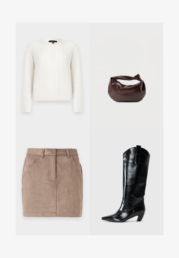 Pull en maille blanche avec des manches longues, un col rond et un accent décoratif en perles au niveau du col. Texture douce et design ajusté.; Mini-jupe en daim beige avec une coupe droite, fermeture par boutons sur le devant, cinq poches et passants de ceinture ; texture douce et surface lisse.; Bottes en cuir noir montantes jusqu'au genou, avec une pointe effilée, un talon bas, et des détails de couture décoratifs sur les côtés. Fini lisse et brillant.; Sac bandoulière en cuir marron foncé avec une forme souple et décontractée et une anse nouée torsadée sur un fond blanc uni.