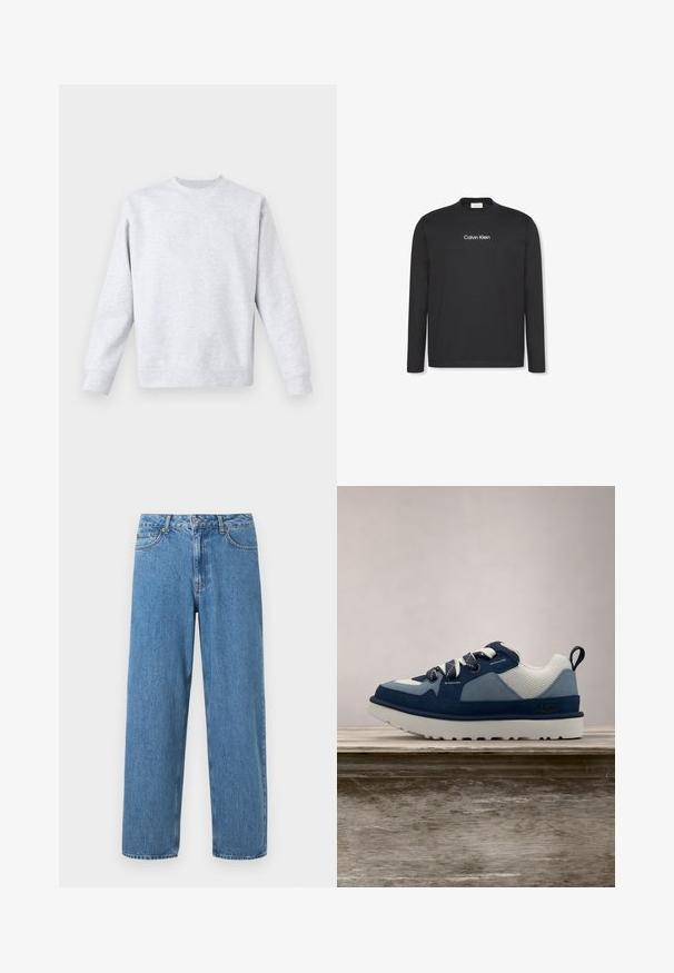 Lys grå sweatshirt lavet af blødt stof, med rund hals, lange ærmer og ribbede manchetter og kant. Minimalistisk design uden mønstre.; Sort langærmet rundhalset trøje med "Calvin Klein" trykt i små hvide bogstaver centreret på brystet.; Lys blå denim jeans med lige pasform, høj talje og fem-lomme design. Har knap- og lynlåslukning med synlige sømme.; Blå og hvid sneaker med en mesh-overdel, suede-detaljer, runde snørebånd og en kraftig hvid sål, svævende over en træoverflade.