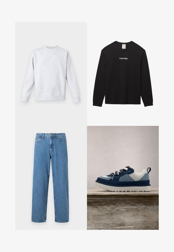 Sudadera gris claro hecha de tejido suave, con cuello redondo, mangas largas y puños y dobladillo acanalados. Diseño minimalista sin patrones.; Camiseta negra de manga larga con cuello redondo con el texto "Calvin Klein" impreso en blanco en el centro delantero.; Vaqueros de mezclilla azul claro con corte recto, cintura alta y diseño de cinco bolsillos. Presentan un cierre de botón y cremallera, con costuras visibles.; Zapatilla azul y blanca con parte superior de malla, acentos de ante, cordones redondos y una suela blanca gruesa, suspendida sobre una superficie de madera.