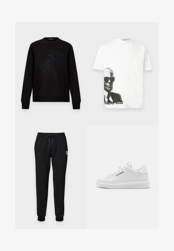 Sweatshirt noir à manches longues, col rond, avec un design discret en relief représentant un palmier et un petit texte vertical du nom de la marque au centre devant.; T-shirt blanc à manches courtes avec un graphisme noir représentant un homme portant des lunettes de soleil et un costume, imprimé sur la partie inférieure gauche au-dessus d'un texte partiel.; Pantalon de survêtement noir avec une taille élastique et un cordon de serrage ajustable. Présente des poignets côtelés et un petit détail graphique sur la cuisse.; Baskets blanches en cuir lisse avec motif gaufré. Présentent un bout rond, un laçage à l'avant et une semelle texturée. Détail du logo argenté sur le côté.
