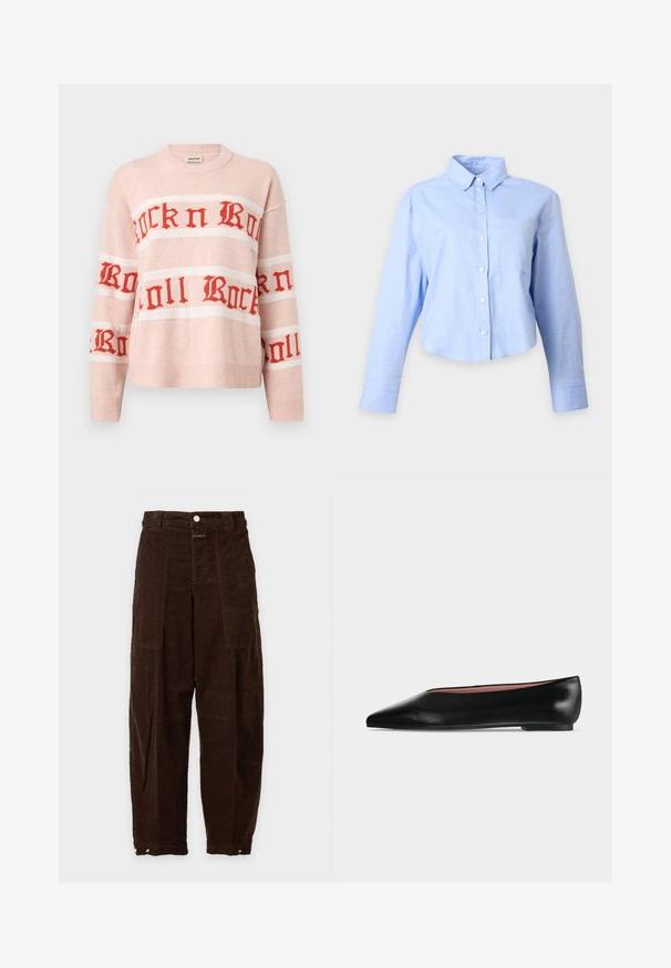 Pull en maille rose clair avec texte rouge "Rock n Roll" en police gothique sur la poitrine et les manches, avec poignets et ourlet côtelés.; Chemise bleu clair à manches longues avec boutons, col et poche poitrine, présentée sur un fond blanc uni.; Pantalon large en velours côtelé marron foncé, taille haute, poches plaquées à l'avant, fermeture par bouton et poignets réglables à pressions aux chevilles.; Chaussure plate en cuir noir pour femme, avec bout pointu et petit talon, vue de côté sur un fond gris clair uni.