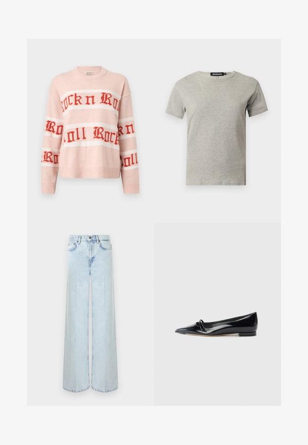 Pull en maille rose clair avec texte rouge "Rock n Roll" en police gothique sur la poitrine et les manches, avec poignets et ourlet côtelés.; T-shirt en coton gris clair à manches courtes et col rond avec une étiquette noire visible à l'intérieur du col indiquant "DENIM" et la taille "S."; Jean large taille haute bleu clair avec poches avant, passants de ceinture et fermeture à bouton sur un fond uni.; Chaussure plate en cuir verni noir avec un bout pointu, une petite lanière décorative et un petit talon carré. Texture lisse et design épuré.
