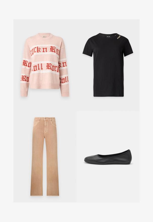 Pull en maille rose clair avec texte rouge "Rock n Roll" en police gothique sur la poitrine et les manches, avec poignets et ourlet côtelés.; T-shirt noir à manches courtes avec col rond et petit détail doré près de l'épaule gauche, étiqueté Armani Exchange à l'intérieur du col.; Jean taille haute à jambes droites de couleur marron clair avec bouton frontal, fermeture éclair, passants de ceinture et design à cinq poches.; Ballerines en cuir noir avec un bout rond, texture lisse, détails de couture minimalistes et design de semelle flexible.