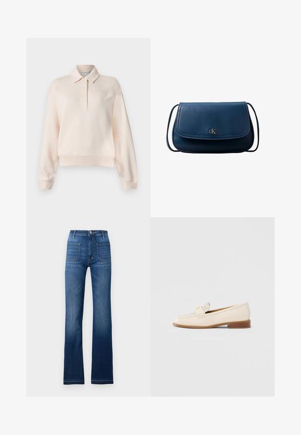 Helles rosa Polo-Sweatshirt mit kragenförmigem Ausschnitt, Knopfleiste mit drei Knöpfen und geprägtem Markenlogo auf der Brust. Weicher Stoff, lockere Passform.; Blaue Jeans im Schlagstil mit einem Fünf-Taschen-Design, einem Knopfverschluss und sichtbaren Nähten entlang der Nähte, mit einem leicht verblassten Finish.; Beiger Lederloafer mit strukturierter Oberseite, dekorativem Riemen und kleinem Absatz. Verfügt über ein minimalistisches Design und dezentes Logodetail.; Marineblaue Leder-Umhängetasche mit Klappverschluss und kleinem silbernem "cK"-Logo auf der Vorderseite, schlanker verstellbarer Schulterriemen.