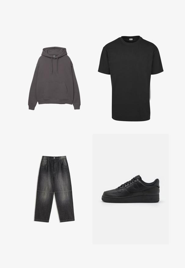 Hoodie en coton gris avec une poche avant, capuche à cordon de serrage ajustable, poignets et ourlet côtelés. Design simple, texture douce et coupe décontractée.; T-shirt en coton noir à manches courtes, col rond et coupe standard. Le tissu semble lisse et sans décoration.; Pantalons en denim gris foncé avec une coupe ample, deux poches avant et des coutures contrastées. Le tissu a un aspect légèrement décoloré.; Nike Sportswear AIR FORCE 1 07 FLYEASE - Baskets basses - black