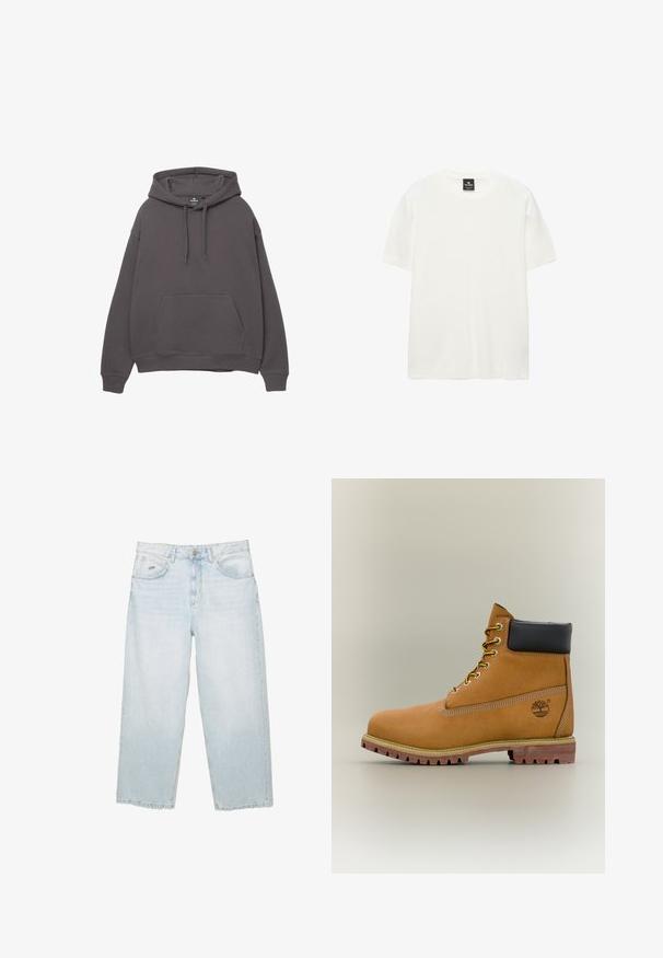 Hoodie en coton gris avec une poche avant, capuche à cordon de serrage ajustable, poignets et ourlet côtelés. Design simple, texture douce et coupe décontractée.; T-shirt blanc uni en coton à manches courtes avec col rond et étiquette de marque noire à l'intérieur du col.; Jean droit taille haute bleu clair avec bouton à l'avant, poches et petite étiquette métallique de marque sur la poche avant droite.; Bottine en cuir marron avec col noir, lacets jaunes et semelle beige. Présente un logo et des détails de couture blanche. Semelle extérieure à traction robuste.