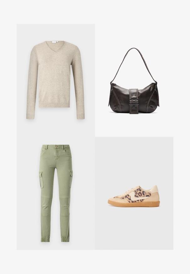 Beige V-hals trui van zacht materiaal met lange mouwen en geribbelde manchetten. Heeft een eenvoudig ontwerp zonder patronen of versieringen.; Cargo shorts in lichtgroene stof met een aansluitend ontwerp, twee zijzakken en elastische boorden bij de enkels voor een tapse look.; Luipaardprint sneakers met een beige suède bovenkant, tan rubberen zool en witte accenten. Ronde neus en vetersluiting met een gestructureerde afwerking.; Bruine leren schoudertas met een gebogen vorm, voorzien van een opvallende gespdetail, contrasterende stiksels en een enkele schouderband.