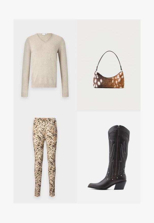 Beiger V-Ausschnitt-Pullover aus weichem Material mit langen Ärmeln und gerippten Bündchen. Besitzt ein schlichtes Design ohne Muster oder Verzierungen.; Schlangenmuster-Leggings in Beige und Schwarz mit einer figurbetonten Passform, die über eine glatte Textur und einen dehnbaren Bund für zusätzlichen Komfort verfügt.; Braune Cowboy-Stiefel aus Leder mit Flammenstickerei, seitlichem Reißverschluss, silbernen Nieten, spitzer Zehenpartie und geschichtetem Absatz.; Schultertasche mit braun-weiß geflecktem Kunstpelz und einem dünnen schwarzen Riemen, dargestellt vor weißem Hintergrund.