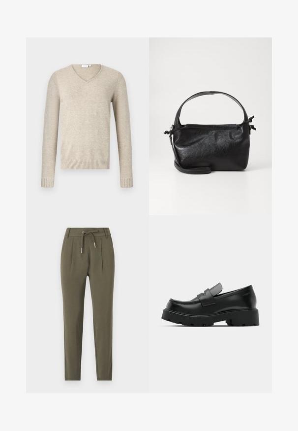 Pull à col en V beige en matériau doux avec des manches longues et des poignets côtelés. Présente un design simple sans motifs ni embellissements.; Pantalons tapered vert olive avec une taille à cordon, des détails de plis et une texture de tissu lisse et léger.; Mocassins en cuir noir avec une semelle épaisse et texturée, dotés d'une sangle sur le vamp et d'une finition lisse et polie.; Sac à main en cuir noir au design structuré, avec une poignée arrondie et une bandoulière amovible. Présente une texture lisse et un éclat subtil.