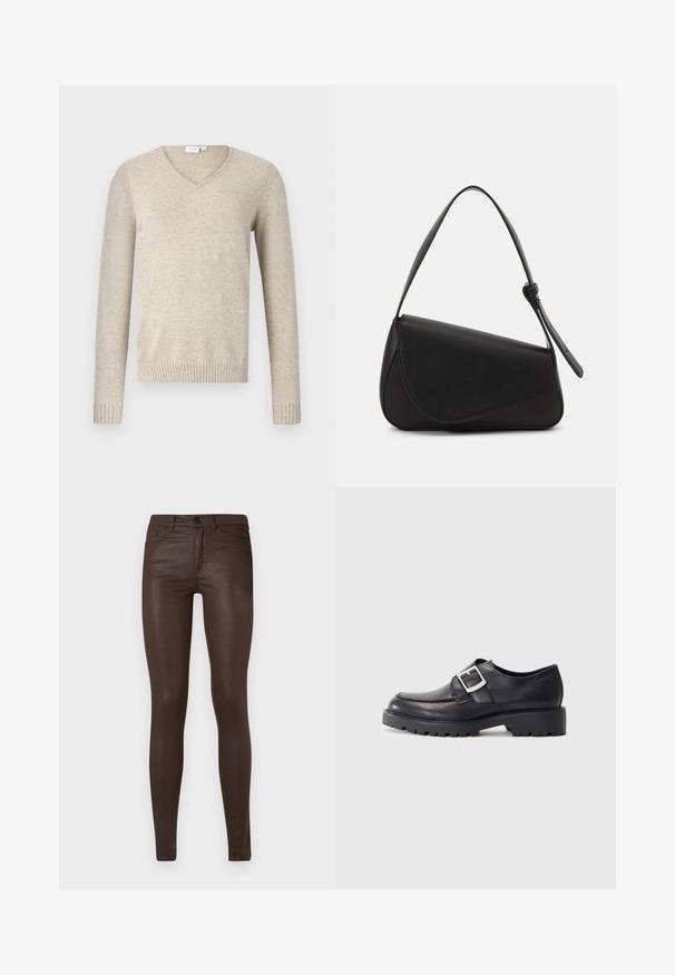 Beige V-hals trui van zacht materiaal met lange mouwen en geribbelde manchetten. Heeft een eenvoudig ontwerp zonder patronen of versieringen.; Donkerbruin, slim-fit gecoate jeans met zijzakken, riemlussen en knoopsluiting op een effen witte achtergrond.; Zwarte leren schoenen met een ronde neus, voorzien van een zijbuckle en een dikke, robuuste zool. Glad textuur met minimale stiksels.; Zwart leren handtas met een driehoekige vorm, schuine klep en een ronde handgreep. Heeft een gladde textuur en minimalistische ontwerpelementen.