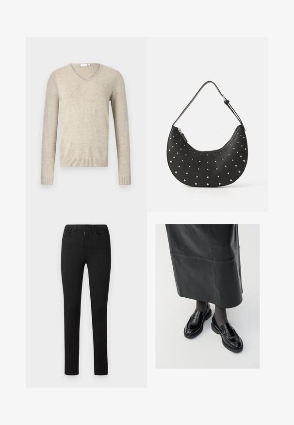Beige V-hals trui van zacht materiaal met lange mouwen en geribbelde manchetten. Heeft een eenvoudig ontwerp zonder patronen of versieringen.; Zwarte slim fit jeans met een gladde textuur, standaard vijf-pocket ontwerp, vooraan met rits en een knoopsluiting. Geen zichtbare patronen of accenten.; Zwarte leren loafers met een gladde afwerking, voorzien van een decoratieve band, ronde neus en gestructureerde zool. Draagt met een lange zwarte leren rok.; Zwarte leren handtas met een gebogen vorm, versierd met zilveren studs, voorzien van een ritssluiting en een enkele verstelbare schouderband.