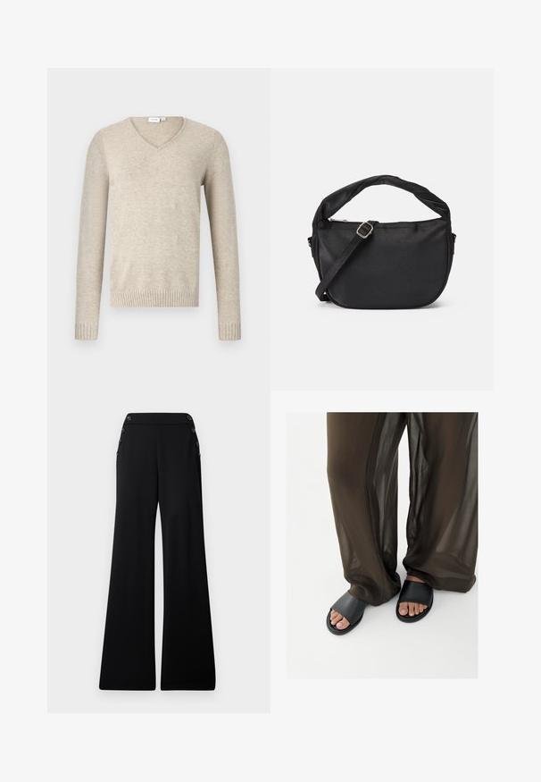 Beiger V-Ausschnitt-Pullover aus weichem Material mit langen Ärmeln und gerippten Bündchen. Besitzt ein schlichtes Design ohne Muster oder Verzierungen.; Schwarze weite Hosen mit hoher Taille und dekorativen Knöpfen entlang der oberen Seitennähte, auf einem weißen Hintergrund präsentiert.; Füße in schwarzen Slide-Sandalen kombiniert mit lockeren, durchscheinenden braunen Hosen vor einem schlichten weißen Hintergrund.; Schwarze Stoffumschlagtasche mit einem verdrehten Griff, einem abnehmbaren Schultergurt und einem Reißverschluss-Topverschluss. Glatte Textur und minimalistisches Design.