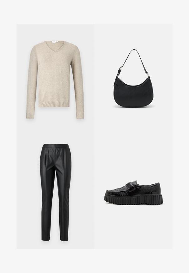 Pull à col en V beige en matériau doux avec des manches longues et des poignets côtelés. Présente un design simple sans motifs ni embellissements.; Pantalon en similibois noir à coupe slim, avec une taille haute, des plis sur le devant et une texture lisse. Aucun matériel ou motif visible.; Mocassins noirs avec une finition brillante, présentant un bout arrondi, une semelle noire crantée et une sangle sur le dessus pour plus de détails.; Sac hobo noir en cuir lisse avec une silhouette arrondie, doté d'une seule sangle ajustable et de détails de design minimalistes.