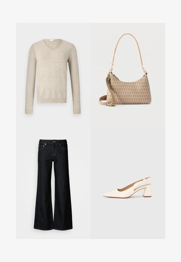 Beiger V-Ausschnitt-Pullover aus weichem Material mit langen Ärmeln und gerippten Bündchen. Besitzt ein schlichtes Design ohne Muster oder Verzierungen.; Dunkelblaue Jeans mit weitem Bein, hoher Taille, fünf Taschen und kontrastierenden gelben Nähten entlang der Nähte.; Slingback-Pumps aus glänzendem cremefarbenem Lackleder, mit spitzer Schuhspitze und klobigem, quadratischem Absatz für Stabilität. Minimalistisches Design, ohne Verzierungen.; Beige Umhängetasche mit geometrischem Muster, goldener Kettenhalterung und abnehmbarem beigen Stoffriemen, vor einem weißen Hintergrund.
