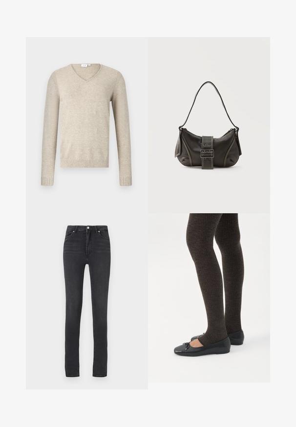 Suéter beige de cuello en V hecho de material suave, con mangas largas y puños acanalados. Presenta un diseño sencillo sin patrones ni adornos.; Pantalones vaqueros negros ajustados de cintura alta, hechos de denim elástico, con pasadores para cinturón, costuras mínimas y un diseño clásico de cinco bolsillos.; Piernas con leggings oscuros acanalados combinados con bailarinas negras que presentan pequeños detalles de lazo sobre un fondo blanco.; Bolso de hombro de cuero negro con detalle de correa con hebilla, bordes curvos y costuras blancas en contraste sobre un fondo liso.