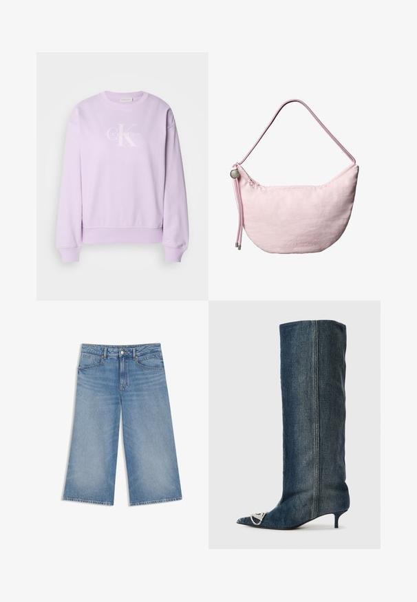 Lilla sweatshirt lavet af blødt stof. Har en rund hals, lange ærmer, ribbede manchetter og et hvidt Calvin Klein-logo på fronten.; Lyseblå denim culotte jeans med vide ben, forreste knap, lynlås og design med fem lommer på hvid baggrund.; Denim knæhøj støvle med spids tå, sølvfarvet hardware detalje, slank kitten-hæl og en glat, tekstureret finish.; Blød lyserød skuldertaske i halvmåneform med justerbar snorrem, metalstopper og diskret præget "cK" logo midt foran.