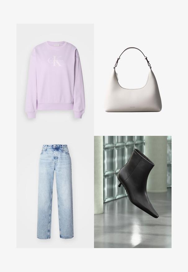 Lila sweater gemaakt van zachte stof. Heeft een ronde hals, lange mouwen, geribde manchetten en een wit Calvin Klein-logo op de voorkant.; Lichtblauwe high-waisted jeans met een losse pasvorm, met rechte pijpen, vijf zakken en een klassieke knoop- en ritssluiting.; Zwarte leren enkellaars met puntige neus en lage hak, afgebeeld tegen een glazen blokkenmuur en gepolijste vloer op de achtergrond.; Romige Calvin Klein leren schoudertas met gebogen bovenrand, zilveren rits en donkerbruine verstelbare riem.