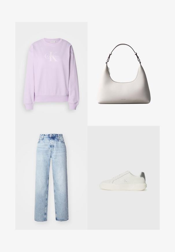 Lilla sweatshirt lavet af blødt stof. Har en rund hals, lange ærmer, ribbede manchetter og et hvidt Calvin Klein-logo på fronten.; Lyseblå højtaljede jeans med løs pasform, der har lige ben, fem lommer og en klassisk knap- og lynlåslukning.; Hvide sneakers lavet af læder med en glat tekstur, forsynet med en sølvaccent på hælen, flad sål og minimalistisk design.; Cremefarvet skuldertaske i læder fra Calvin Klein med buet topkant, sølvfarvet lynlås og mørkebrun justerbar rem.