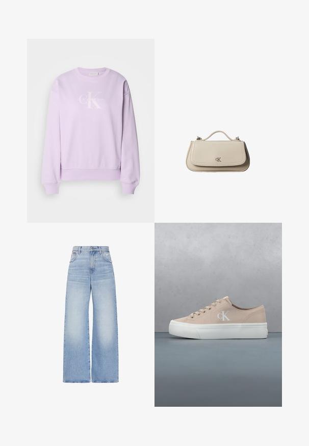 Lila Sweatshirt aus weichem Stoff. Verfügt über einen Rundhalsausschnitt, lange Ärmel, gerippte Bündchen und ein weißes Calvin Klein-Logo auf der Vorderseite.; Hellblaue Jeans mit hoher Taille und weitem Bein, vorne mit Knopf- und Reißverschluss, vorderen und hinteren Taschen sowie einem leicht verwaschenen Detail an der rechten Tasche.; Hellbeiger Leinensneaker mit weißer Gummisohle, Schnürsenkeln und einem kleinen Logo an der Seite. Strukturierte Oberfläche und minimalistisches Design.; Kleine beigefarbene Lederhandtasche mit oberem Griff und silbernem CK-Logo auf der Frontklappe, vor weißem Hintergrund dargestellt.