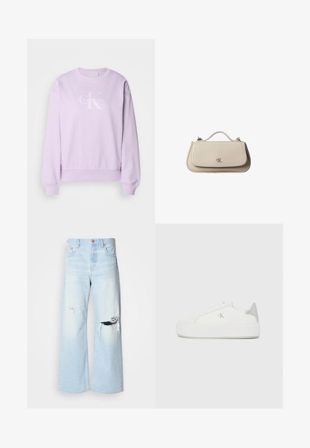 Lilla sweatshirt lavet af blødt stof. Har en rund hals, lange ærmer, ribbede manchetter og et hvidt Calvin Klein-logo på fronten.; Lyseblå brede jeans lavet af denim, med høj talje, store revner ved knæene og et klassisk fem-lomme design med kobberhardware.; Hvide lærredssneakers med en tyk hvid sål, prydet med en metallic sølvaccent på hælen og en diskret logo-detalje på siden.; Lille beige læderhåndtaske med top håndtag og sølv CK-logo på frontklap, vist mod en hvid baggrund.