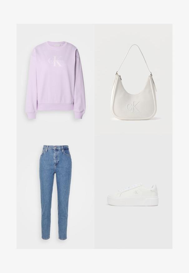 Lilla sweatshirt lavet af blødt stof. Har en rund hals, lange ærmer, ribbede manchetter og et hvidt Calvin Klein-logo på fronten.; Blå højtaljede lige jeans med frontknap og lynlås, bæltestropper og lommer, præsenteret på en ensfarvet hvid baggrund.; Hvide platform sneakers med en glat læderoverdel, rund tå, hvide snørebånd og diskret logo-detalje på siden. Flad gummisål.; Hvid skuldertaske i læder med lynlås, buet form og forhøjet CK-logo prægget på forsiden.