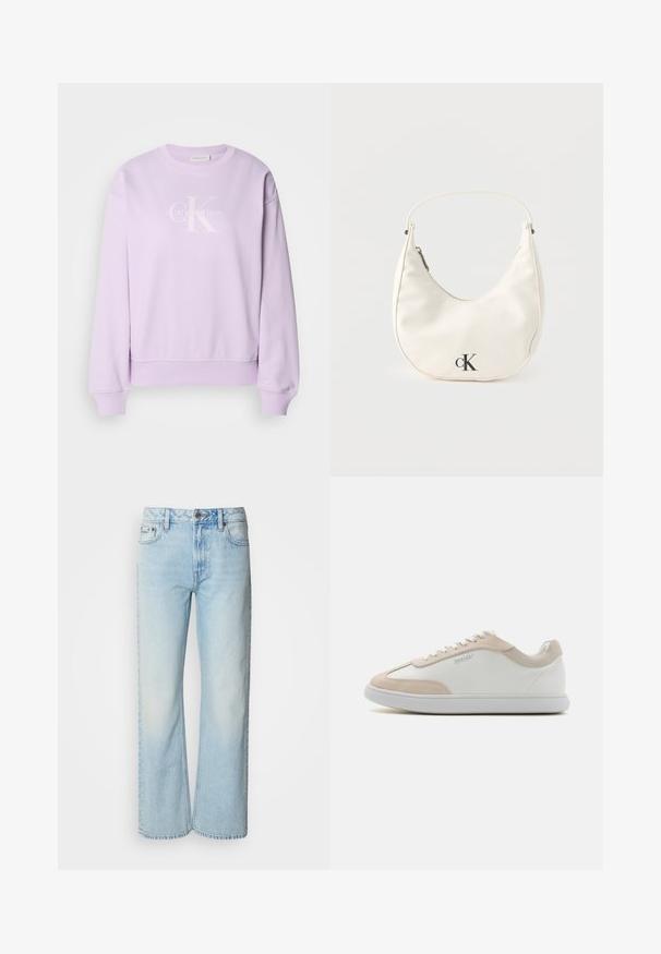 Sudadera lila de tela suave. Presenta un cuello redondo, mangas largas, puños acanalados y un logo blanco de Calvin Klein en el frente.; Vaqueros de pierna ancha azul claro confeccionados en denim, con un diseño clásico de cinco bolsillos y una sutil textura deslavada. La costura del denim es visible.; Zapatillas de cuero blancas con detalles de ante beige y cordones blancos. Presentan una puntera redondeada y una suela acolchada para mayor comodidad.; Pequeño bolso blanco en forma de media luna con correa corta, cierre de cremallera y logo negro "cK" en el frente.