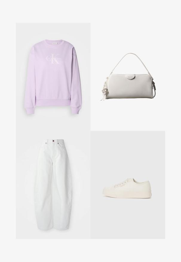 Sudadera lila de tela suave. Presenta un cuello redondo, mangas largas, puños acanalados y un logo blanco de Calvin Klein en el frente.; Pantalones de mezclilla blancos de tiro alto con un corte holgado. Presentan un cierre de botón, bolsillos laterales y un diseño minimalista. Textura suave.; Zapatillas de lona color marfil, con un diseño de corte bajo, punta redonda y suela de goma plana con un sutil detalle de costura.; Bolso rectangular blanco de Calvin Klein con un solo asa, diseño minimalista y borlas decorativas con un charm metálico geométrico en el lateral.