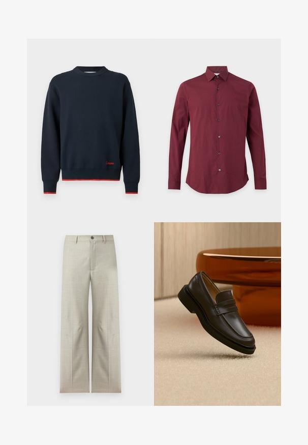 Pull à manches longues bleu marine avec col rond, bordure rouge aux poignets et à l'ourlet, et petite broderie rouge au-dessus de l'ourlet sur le côté droit avant.; Chemise homme à manches longues boutonnée, couleur bordeaux unie avec col classique, présentée sur un fond clair uni.; Pantalon formel beige clair à jambes droites, fermeture avec bouton et fermeture éclair, passants pour ceinture, présenté sur un fond blanc.; Mocassin en cuir noir flottant au-dessus d'un tapis beige avec des meubles arrondis marron en arrière-plan.