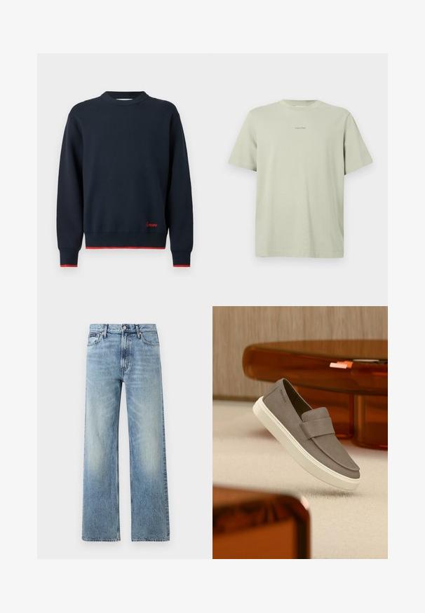 Pull à manches longues bleu marine avec col rond, bordure rouge aux poignets et à l'ourlet, et petite broderie rouge au-dessus de l'ourlet sur le côté droit avant.; T-shirt en coton vert clair avec un col rond, des manches courtes et un petit logo Calvin Klein imprimé en une teinte plus foncée sur la poitrine.; Jean droit en denim bleu clair avec taille haute, cinq poches, fermeture à boutons et léger délavage sur les cuisses et les genoux.; Chaussure gris en daim à enfiler avec semelle blanche suspendue au-dessus d'un tapis beige, avec un meuble orange translucide en arrière-plan.