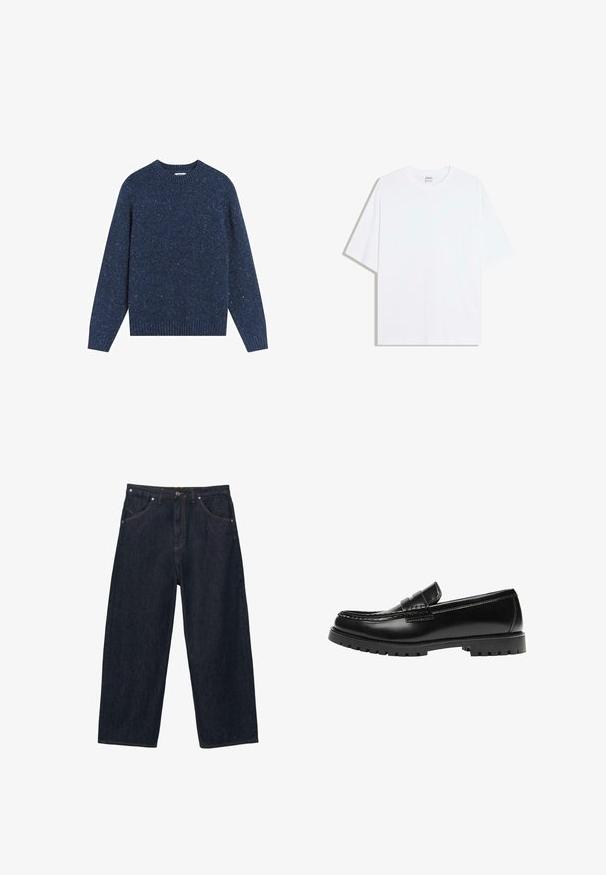 Blauwe trui met een ronde hals, geribde manchetten en zoom, en een textuur gebreid patroon met spikkels doorheen.; Wit oversized katoenen T-shirt met een ronde hals en korte mouwen; gladde textuur, zonder zichtbare patronen of accenten.; Donkerblauwe denim jeans met wijd uitlopende pijpen, vijf zakken, knoopsluiting en zichtbare oranje stiksels.; Zwarte leren loafer met een dikke rubberen zool en klassieke penny-strap details, gezien vanaf de buitenkant.