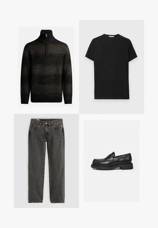 Pull en laine noir tricoté avec un col montant et une fermeture éclair quart. Présente un motif texturé avec des nuances de noir et de gris.; T-shirt noir à manches courtes en tissu de coton doux. Col rond avec une coupe décontractée, présentant des lignes épurées et simples sans motifs visibles.; Jean droit noir délavé avec cinq poches, fermeture à bouton et passants de ceinture, posé à plat sur un fond blanc.; Mocassin en cuir noir avec semelle épaisse crantée et détail de bride penny, présenté en profil droit sur fond blanc.