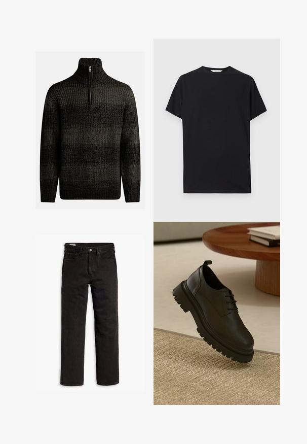 Pull en laine noir tricoté avec un col montant et une fermeture éclair quart. Présente un motif texturé avec des nuances de noir et de gris.; T-shirt noir à manches courtes en tissu de coton doux. Col rond avec une coupe décontractée, présentant des lignes épurées et simples sans motifs visibles.; Jean en denim noir à jambes droites avec cinq poches, fermeture à bouton et passants de ceinture, posés à plat sur un fond blanc.; Chaussure en cuir noir avec une surface texturée, bout rond, design à lacets et semelle en caoutchouc noir épaisse. Flottant au-dessus d'un tapis tissé.