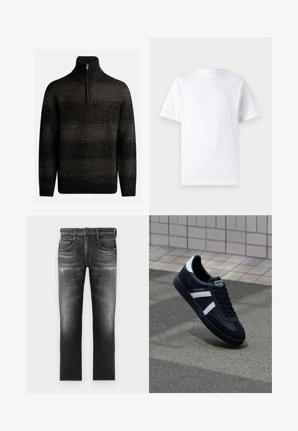 Mørk strikket sweater med høj krave og kvart lynlås. Har et tekstureret mønster med varierende nuancer af sort og grå.; Hvid kortærmet t-shirt lavet af bomuld med rund hals, der har en glat tekstur og et simpelt design uden mønstre eller accenter.; Sorte denim jeans med lige ben, der har subtil falming, slidsede detaljer og let slidte områder nær knæet.; Sort lædersneaker med hvide striber, tekstureret gummisål og snørrebånd foran. Har et brandet mærke på tungen.