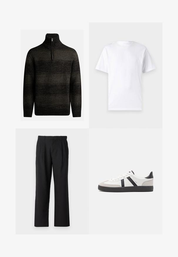 Pull en laine noir tricoté avec un col montant et une fermeture éclair quart. Présente un motif texturé avec des nuances de noir et de gris.; T-shirt blanc à manches courtes en coton avec un col rond, présentant une texture lisse et un design simple, sans motifs ni accents.; Jack & Jones JPSTBILL JJDAYTONA WIDE CHINO - Chino - black; Baskets blanches avec des accents noirs et gris, présentant un embout texturé gris, une semelle en caoutchouc noir et des lacets plats blancs. Design épuré, style minimaliste.