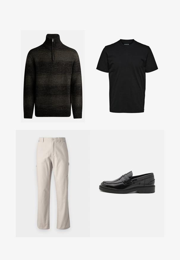 Mørk strikket sweater med høj krave og kvart lynlås. Har et tekstureret mønster med varierende nuancer af sort og grå.; Simpel sort T-shirt med korte ærmer, rund hals og almindelig pasform uden synlige mønstre eller logoer.; Beige cargo bukser lavet af robust bomuld med lige ben, frontknaplukning og sidelommer til praktisk brug. Glat tekstur med diskret syning.; Sorte læder loafers med en glat finish, rund tå, lav hæl og dekorativ syning langs forsiden. Gummisål for godt greb.