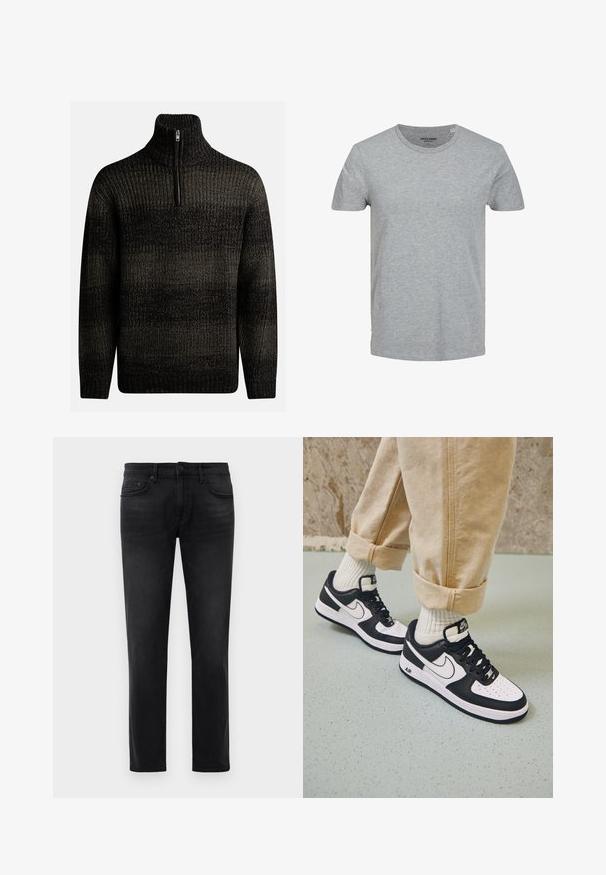 Pull en laine noir tricoté avec un col montant et une fermeture éclair quart. Présente un motif texturé avec des nuances de noir et de gris.; T-shirt gris à manches courtes en coton doux. Doté d'un col ras du cou classique et d'une coupe régulière. Design simple sans motifs ni accents.; Jean slim noir avec cinq poches, passants de ceinture et fermeture à bouton, posé à plat sur un fond blanc.; Baskets Nike Air Force 1 en noir et blanc avec un dessus en cuir, orteil perforé et détail de semelle texturée, portées avec un pantalon beige retroussé et des chaussettes blanches.