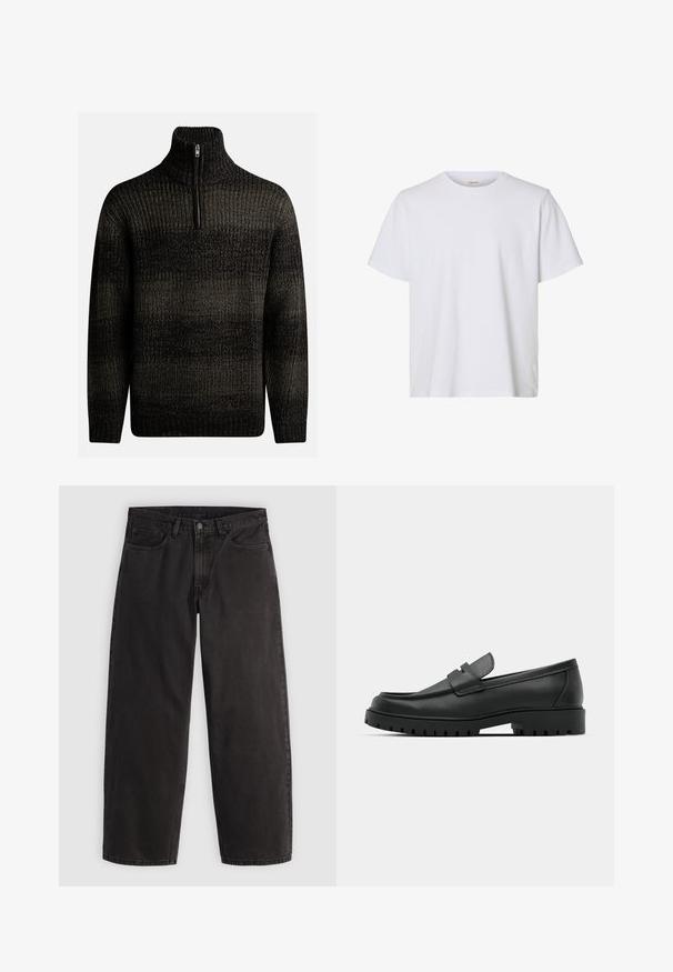 Pull en laine noir tricoté avec un col montant et une fermeture éclair quart. Présente un motif texturé avec des nuances de noir et de gris.; T-shirt blanc uni à manches courtes, col rond, coupe régulière et texture de tissu lisse, présenté sur fond blanc.; Jean denim noir à coupe droite, cinq poches et passants pour ceinture, présenté à plat sur un fond clair uni.; Mocassins en cuir noir à bout arrondi, avec un design cousu, une semelle plateforme basse et une semelle en caoutchouc texturée et crantée.
