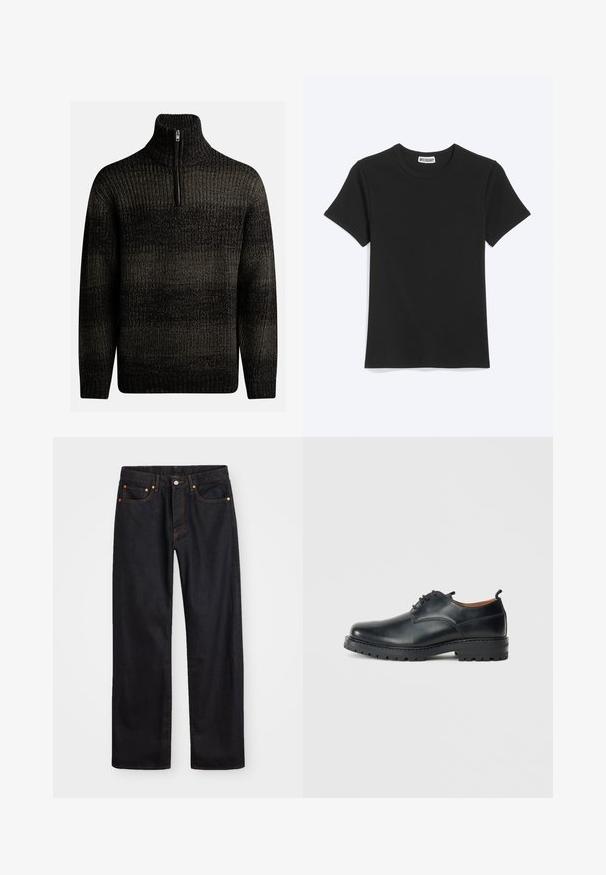 Mørk strikket sweater med høj krave og kvart lynlås. Har et tekstureret mønster med varierende nuancer af sort og grå.; Enkel sort t-shirt med korte ærmer og rund hals med et Weekday-mærke inde i kraven, vist på en hvid baggrund.; Mænds lige ben sorte denim jeans med fem lommer og orange syninger, knap- og lynlåslukning foran på taljen.; Sorte læder derby-sko med en glat overflade, rund tå, snøre-design og en tyk, robust gummisål.