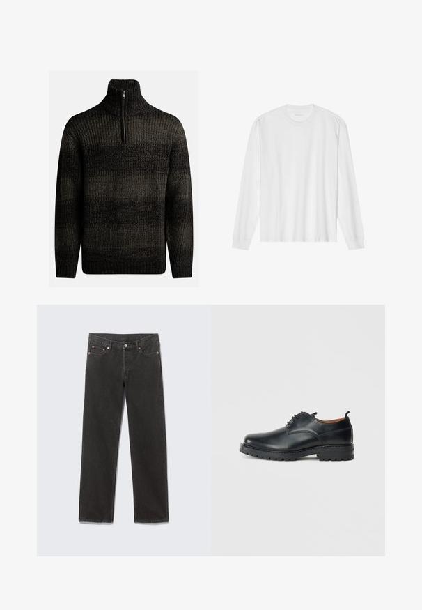 Pull en laine noir tricoté avec un col montant et une fermeture éclair quart. Présente un motif texturé avec des nuances de noir et de gris.; T-shirt blanc en coton à manches longues avec col rond, doté de poignets côtelés et d'un ourlet droit, texture lisse et design minimaliste.; Jean denim noir à jambes droites avec poches avant, passants de ceinture et fermeture par bouton, disposé à plat sur un fond gris.; Chaussures derby en cuir noir avec une texture lisse, bout rond, design à lacets et une semelle en caoutchouc épaisse et robuste.