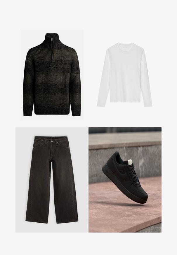 Pull en laine noir tricoté avec un col montant et une fermeture éclair quart. Présente un motif texturé avec des nuances de noir et de gris.; T-shirt blanc à manches longues en coton doux, avec un col rond et une texture lisse sans motifs ni accents visibles.; Jean noir à jambes larges avec poches avant, fermeture par boutons et passants de ceinture, présenté à plat sur un fond clair.; Baskets Nike Air Force 1 noires flottant au-dessus d’un rebord en béton rose avec un fond en pierre grise, montrant des détails latéraux et supérieurs.