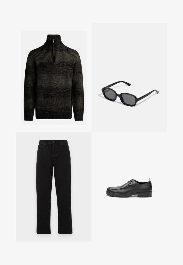 Pull en laine noir tricoté avec un col montant et une fermeture éclair quart. Présente un motif texturé avec des nuances de noir et de gris.; Jeans en denim noir avec une coupe droite, dotés d'une fermeture à bouton, de passants de ceinture et d'un style à cinq poches classique.; Chaussures en cuir noir avec une finition lisse, bout arrondi et coutures décoratives. Elles possèdent une semelle en caoutchouc avec des rainures de traction et un laçage.; Zign by Zalando Lunettes de soleil - black