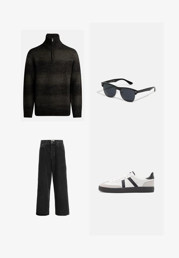 Mørk strikket sweater med høj krave og kvart lynlås. Har et tekstureret mønster med varierende nuancer af sort og grå.; Sorte brede jeans lavet af denim. Har høj talje, to forlommer, knaplukning og diskrete stikninger.; Hvide sneakers med sorte og grå detaljer, med en tekstureret grå tåhætte, sort gummisål og flade hvide snørebånd. Rent design, minimalistisk stil.; Sorte solbriller med rektangulær form, mørke linser, sølvdetaljer ved tindingerne og en mat finish på stellet.
