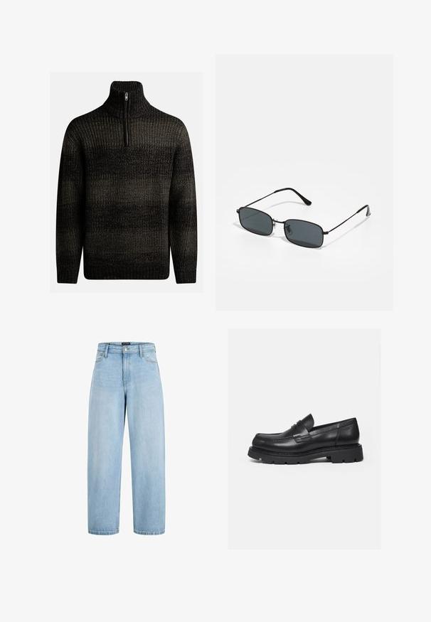 Pull en laine noir tricoté avec un col montant et une fermeture éclair quart. Présente un motif texturé avec des nuances de noir et de gris.; Jean bleu clair taille haute à jambes larges avec poches avant, passants pour ceinture, et fermeture par bouton et zip.; Mocassin en cuir noir avec semelle épaisse crantée et détail de bride penny, présenté en profil droit sur fond blanc.; Lunettes de soleil rectangulaires noires avec une fine monture en métal et des verres foncés reposant sur une surface blanche.