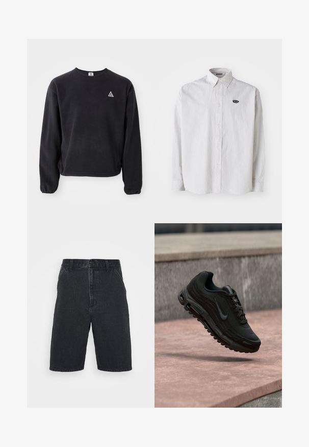 Sweatshirt noir à manches longues, col rond et poignets élastiques. Présente un petit logo triangulaire blanc sur la poitrine gauche. Texture douce.; Chemise blanche à manches longues avec de fines rayures verticales grises. Dotée d'un col boutonné et d'un petit logo noir sur la poitrine gauche.; Shorts en denim noir avec une coupe droite, une taille mi-haute, une fermeture à boutons sur le devant et des détails de couture apparents.; Chaussure de sport Nike Air Max noire suspendue au-dessus d'une surface en pierre avec un mur en pierre flou en arrière-plan.