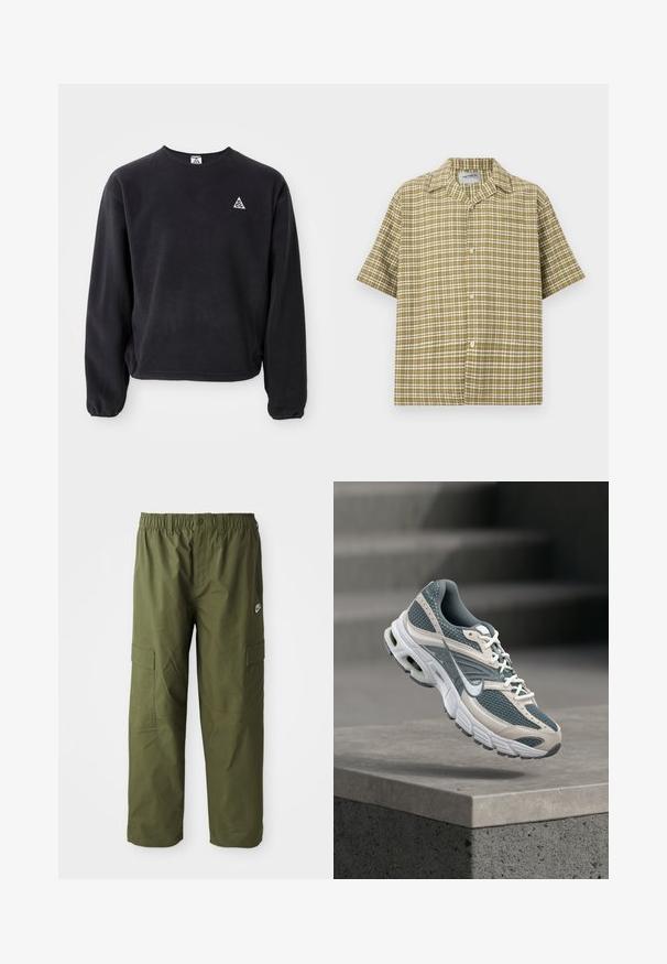 Sweatshirt noir à manches longues, col rond et poignets élastiques. Présente un petit logo triangulaire blanc sur la poitrine gauche. Texture douce.; Chemise à manches courtes boutonnée avec un motif à carreaux olive et blanc et un col camp, présentée sur un fond clair uni.; Pantalons cargo Nike en vert olive foncé, avec une taille élastique, deux poches latérales et un tissu lisse et léger.; Chaussure de course Nike grise et blanche avec une tige en mesh et une semelle coussinée, flottant au-dessus d'un rebord en béton sur un fond gris flou.