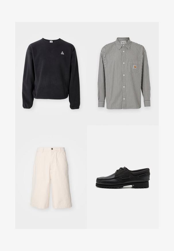 Zwarte sweatshirt met lange mouwen, ronde halslijn en elastische manchetten. Heeft een klein wit driehoeklogo op de linkerborst. Zachte textuur.; Zwart-wit verticaal gestreept langwerpig shirt met een button-down kraag. Voorzien van een borstzak met een beige logo patch.; Lichtbeige katoenen shorts met een rechte pasvorm, voorzien van een knoopsluiting, zijzakken en een zoom die net boven de knie valt.; Zwarte schoen met een leren bovenzijde, textiele accenten, ronde veters en een getextureerde rubberen zool. Voorzien van mocassin-stiksel en merkdetails.