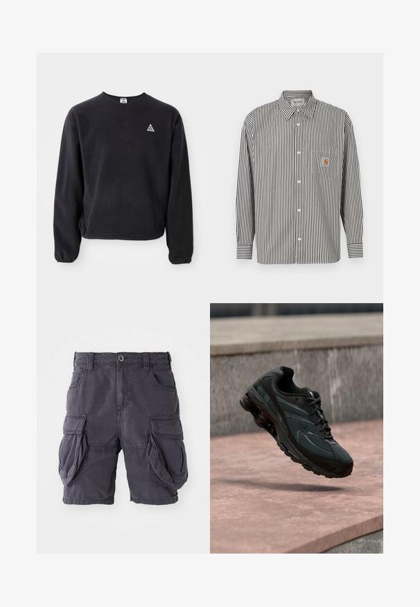 Zwarte sweatshirt met lange mouwen, ronde halslijn en elastische manchetten. Heeft een klein wit driehoeklogo op de linkerborst. Zachte textuur.; Zwart-wit verticaal gestreept langwerpig shirt met een button-down kraag. Voorzien van een borstzak met een beige logo patch.; Cargo shorts van donkergrijs katoen, met een klassieke pasvorm, meerdere zijzakken en een sluiting met een knoop aan de voorkant. Glad textuur.; Zwarte atletische sneaker met zichtbare luchtgeveerde tussenzool die boven een roze stenen oppervlak zweeft met een grijze stenen muur op de achtergrond.