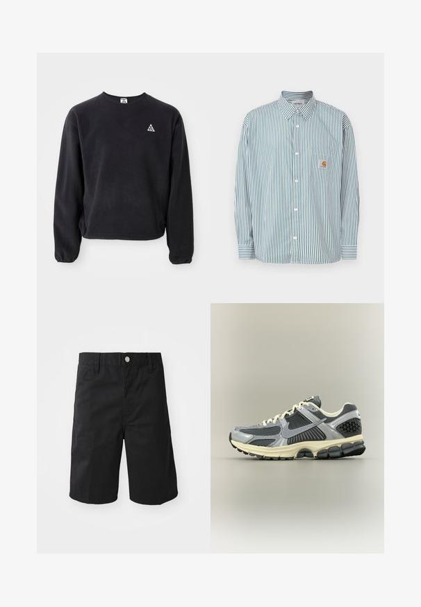 Sort sweatshirt med lange ærmer, rund halsudskæring og elastiske manchetter. Har et lille hvidt trekantet logo på venstre bryst. Blød tekstur.; Stribet skjorte i grøn og hvid med knappet krave, lange ærmer, brystlomme og et lille logomærke.; Sorte bomuldsshorts med lige snit, bæltestropper, metalknaplukning og uden synlige mønstre eller accenter.; Grå og sort Nike løbesko med hvide snørebånd og beige sål, vist fra siden på en neutral baggrund.