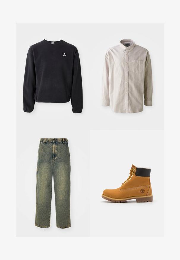 Sort sweatshirt med lange ærmer, rund halsudskæring og elastiske manchetter. Har et lille hvidt trekantet logo på venstre bryst. Blød tekstur.; Lys beige skjorte med knapper og lodrette hvide striber, lange ærmer og en brystlomme; lavet af bomuld med en glat overflade.; Slidse denim jeans i en falmet blå og grøn vask. Har en knaplukning, bælteløkker og sidelommer. Flad front og lige ben-design.; Brune læder ankelstøvle med metaløjer, hvid pelsforing, sort polstret krave, robust sål og præget logo på siden.