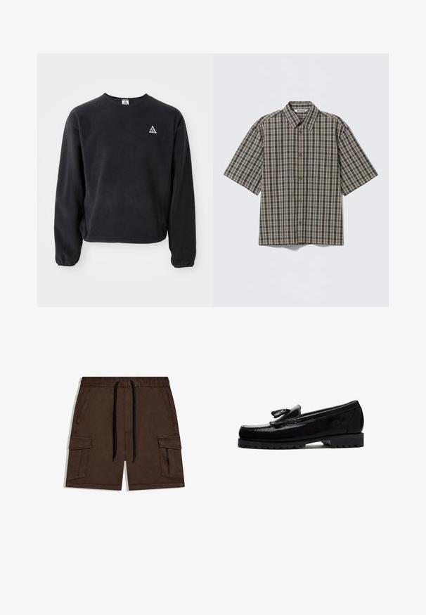 Sweatshirt noir à manches longues, col rond et poignets élastiques. Présente un petit logo triangulaire blanc sur la poitrine gauche. Texture douce.; Chemise à manches courtes avec boutons, motif à carreaux beige, noir et bleu, et une poche poitrine avant, posée à plat sur un fond clair.; Shorts cargo marron avec taille élastique, lacets noirs, poches à rabat latérales et une poche zippée sur la jambe droite.; Mocassin en cuir noir avec détail de pompon, semelle épaisse et robuste, et logo embossé sur le côté, présenté de profil sur fond blanc.